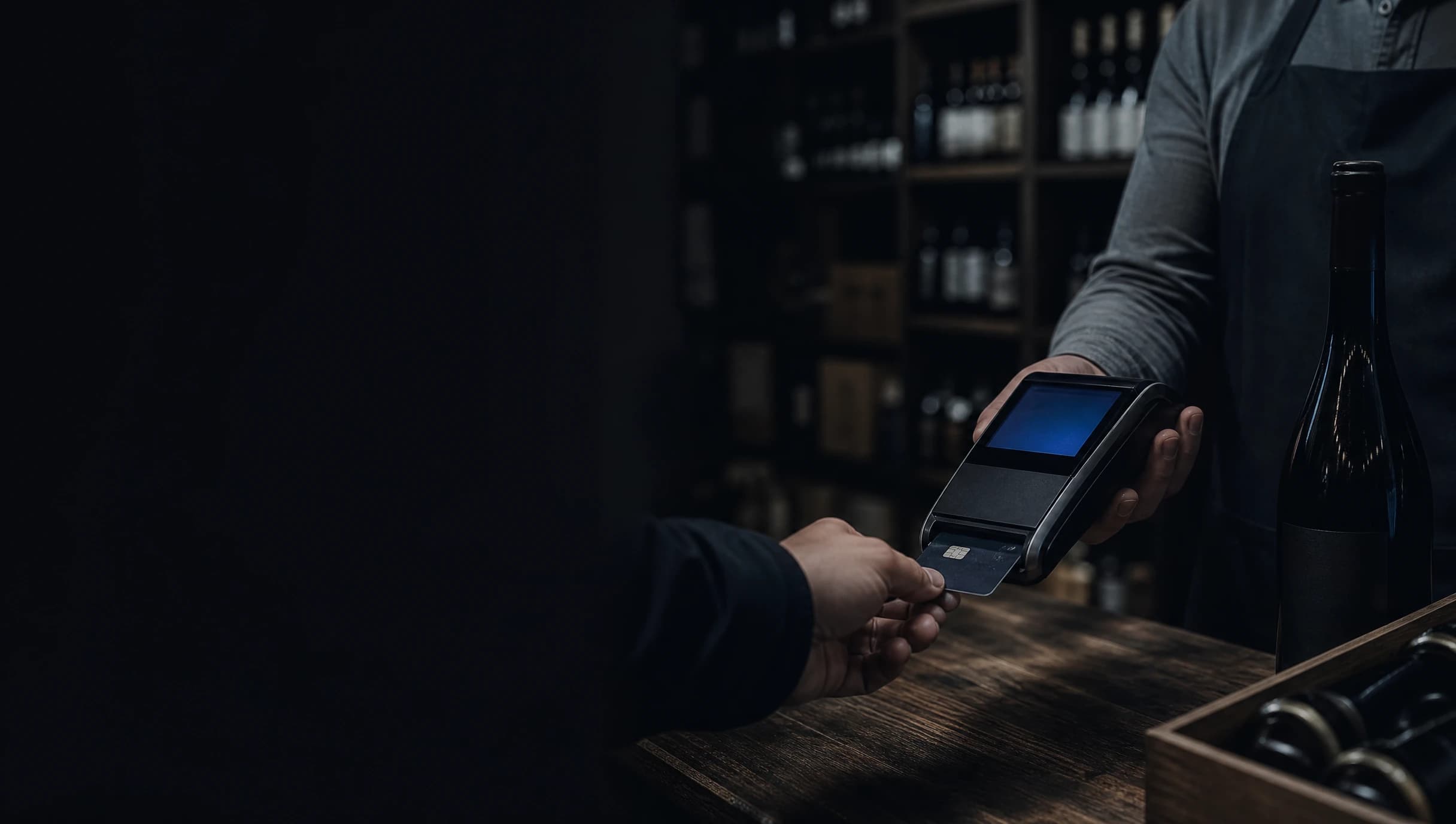Client insérant sa carte à puce dans un terminal de paiement portatif au comptoir d'une boutique de vins