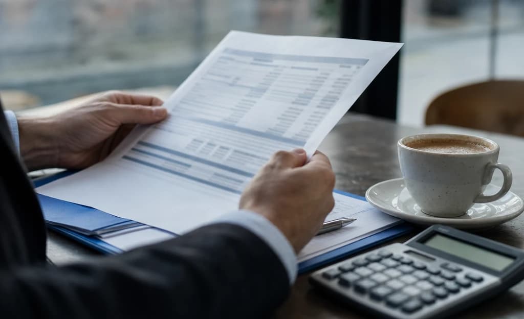 Business owner reviewing a multi-page card processing statement with a calculator and coffee