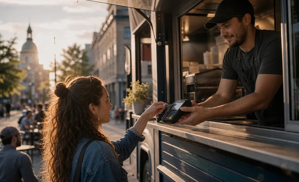 Propriétaire de camion-restaurant tendant un terminal de paiement portatif à une cliente au guichet