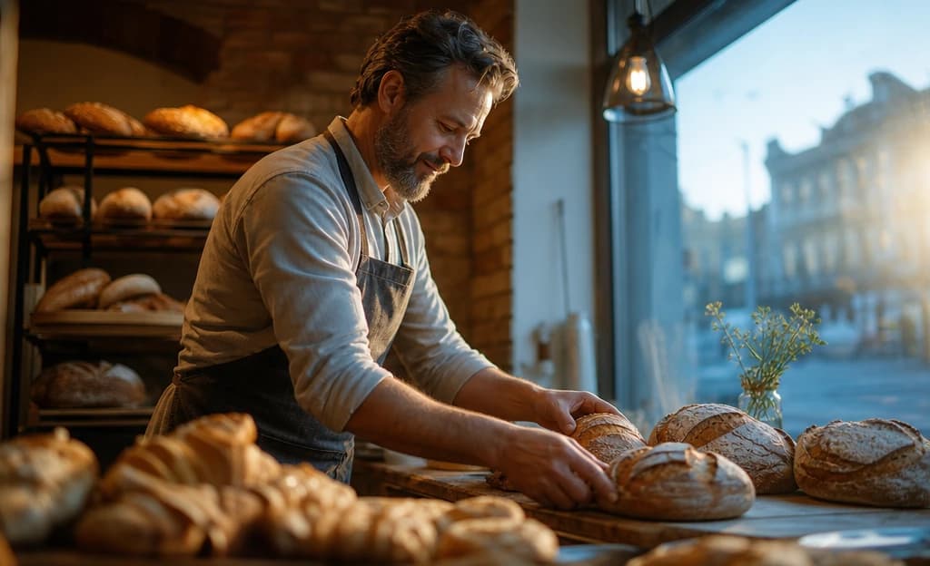 Boulanger disposant des pains frais sur le comptoir de sa boulangerie à l’aube