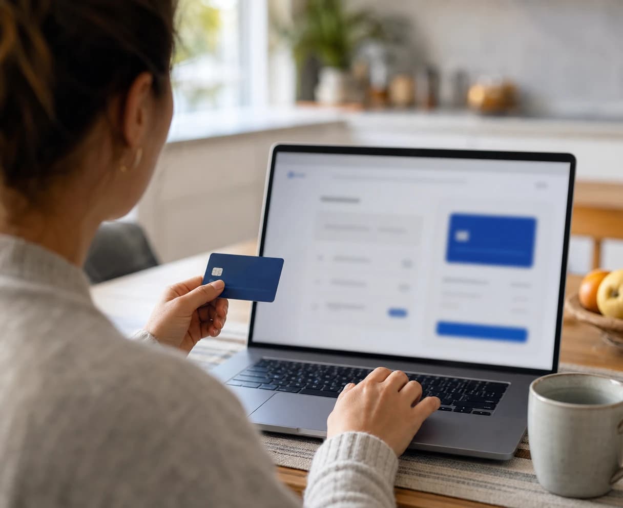 Femme effectuant un paiement en ligne sur son portable, carte de crédit à la main, dans sa cuisine