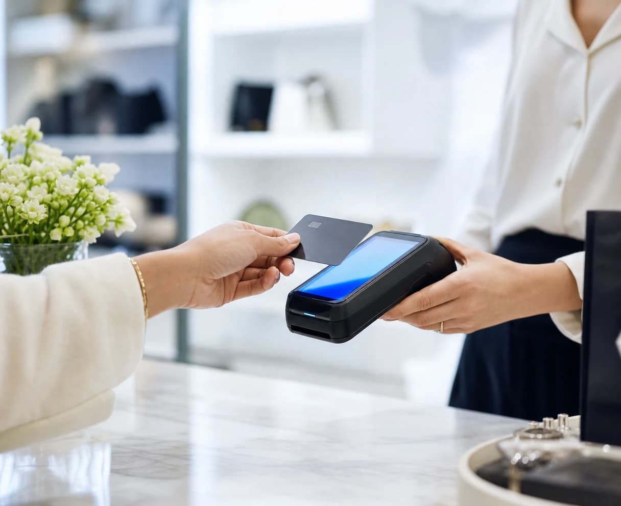 Customer tapping a bank card on a handheld payment terminal at a boutique counter