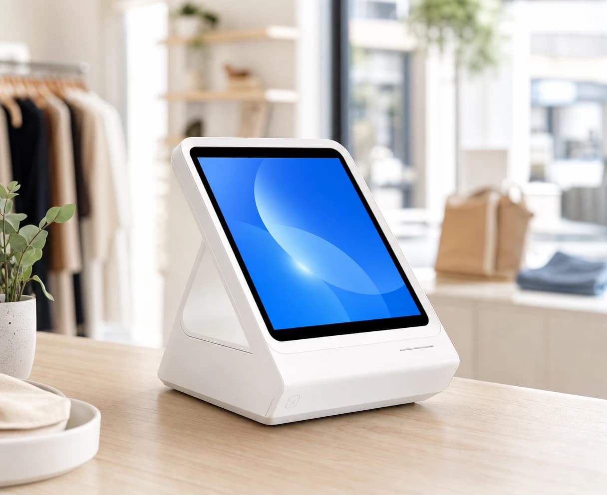 White countertop POS terminal with a touchscreen on the counter of a clothing boutique