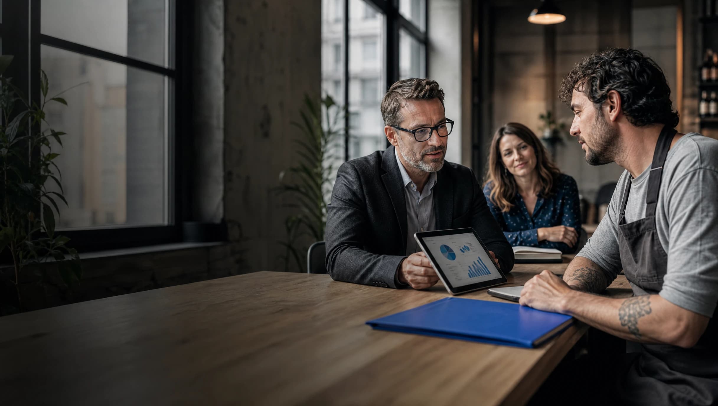SimplyPay broker showing two business owners their payment numbers on a tablet across a table