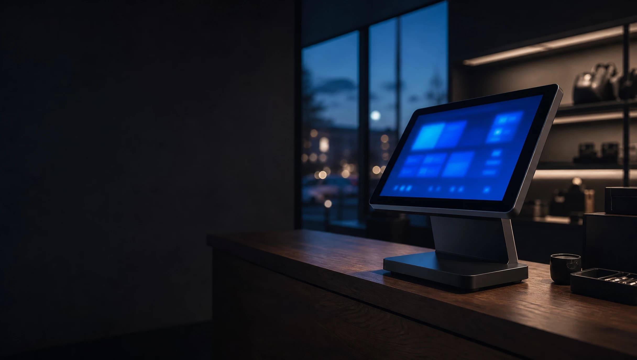 Terminal de point de vente à écran tactile posé sur le comptoir en bois d’un commerce, en soirée